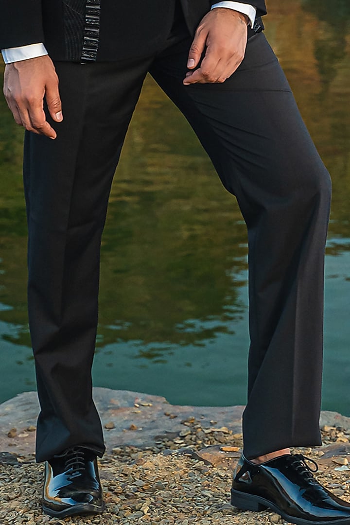Black Lycra Cotton Zari Embroidered Tuxedo Set by Soniya G Men at Pernia's Pop Up Shop
