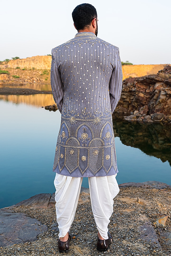 Baby Blue Silk Zari Embroidered Wedding Sherwani Set by Soniya G Men at Pernia's Pop Up Shop