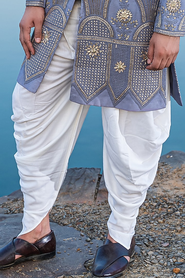 Baby Blue Silk Zari Embroidered Wedding Sherwani Set by Soniya G Men at Pernia's Pop Up Shop