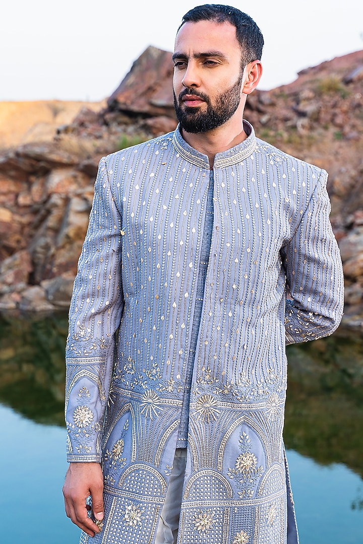 Baby Blue Silk Zari Embroidered Wedding Sherwani Set by Soniya G Men at Pernia's Pop Up Shop