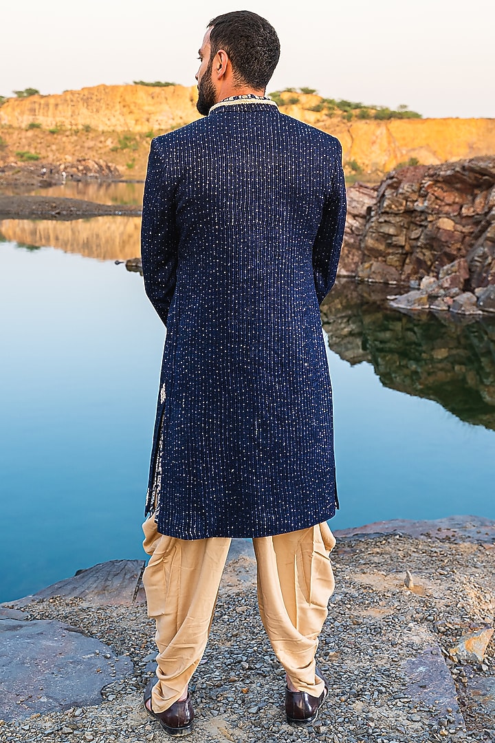 Navy Blue Silk Zari Embroidered Indo-Western Set by Soniya G Men at Pernia's Pop Up Shop
