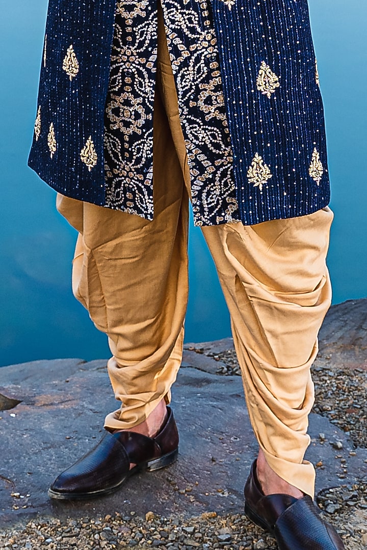 Navy Blue Silk Zari Embroidered Indo-Western Set by Soniya G Men at Pernia's Pop Up Shop