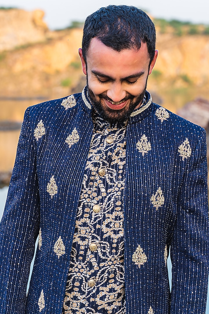 Navy Blue Silk Zari Embroidered Indo-Western Set by Soniya G Men at Pernia's Pop Up Shop