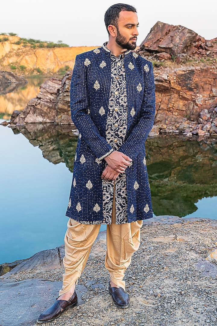 Navy Blue Silk Zari Embroidered Indo-Western Set by Soniya G Men at Pernia's Pop Up Shop