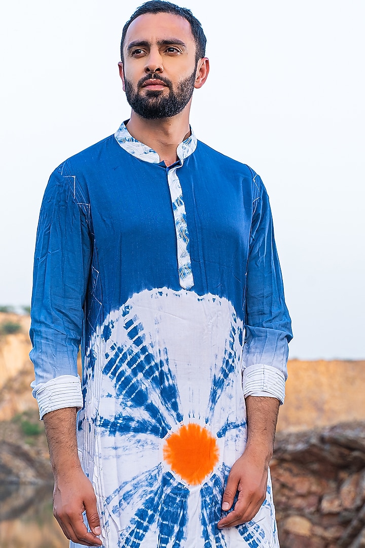 Blue Silk Tie-Dye Kurta Set by Soniya G Men at Pernia's Pop Up Shop