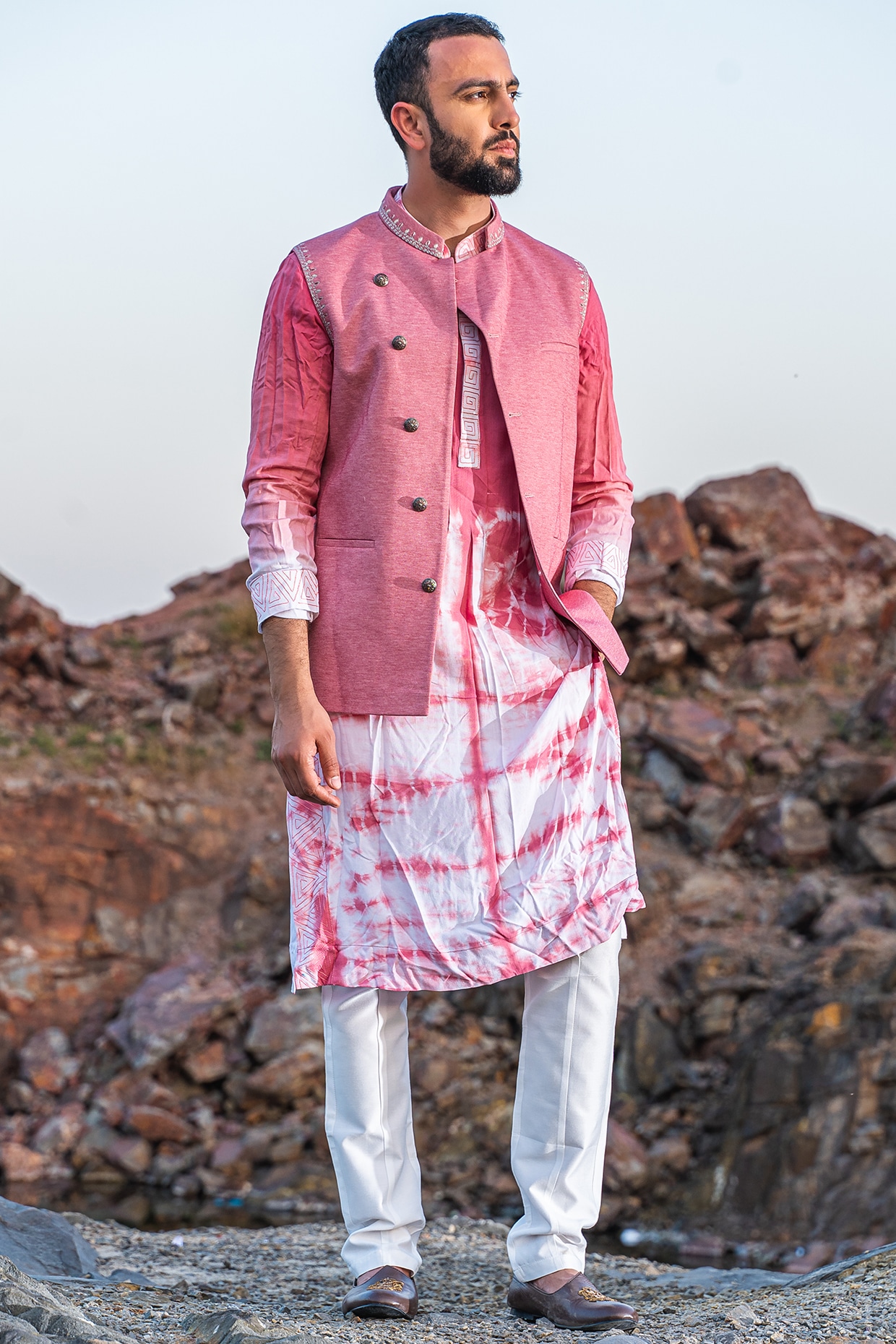 Baby Pink Tie-Dye Kurta Set With Jacket 