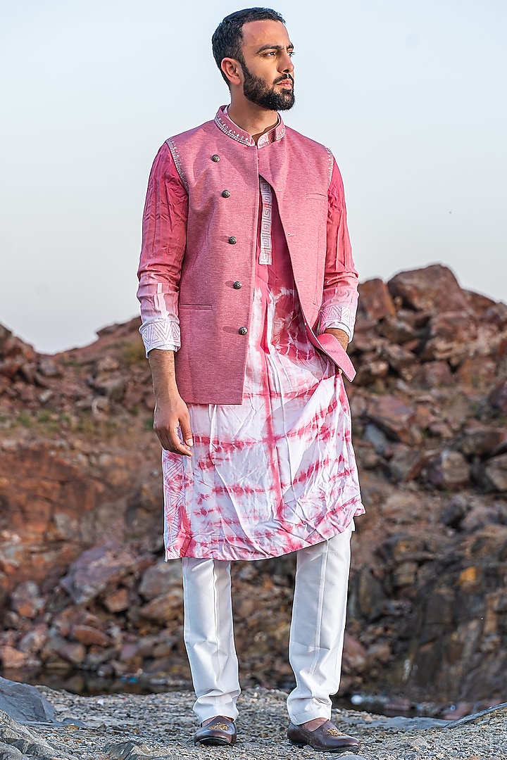 Baby Pink Tie-Dye Kurta Set With Jacket by Soniya G Men at Pernia's Pop Up Shop
