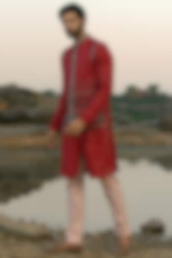 Red Embroidered Kurta Set With Jacket by Soniya G Men