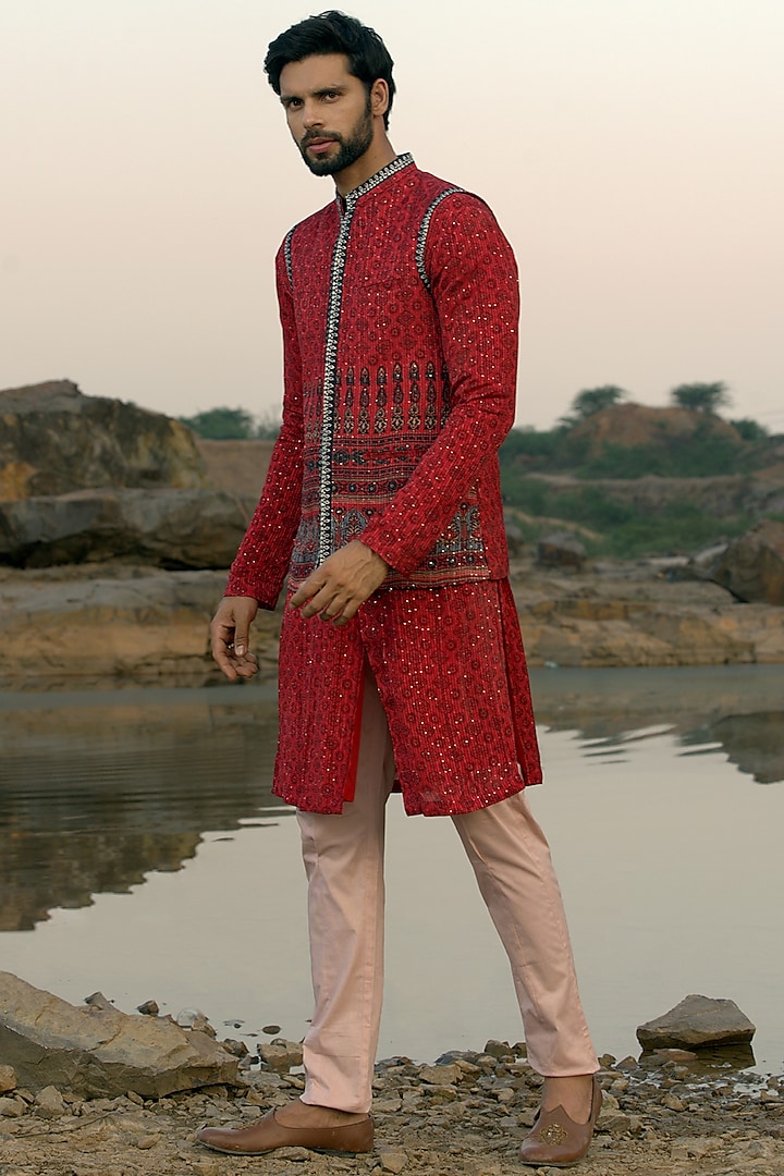 Red Embroidered Kurta Set With Jacket by Soniya G Men