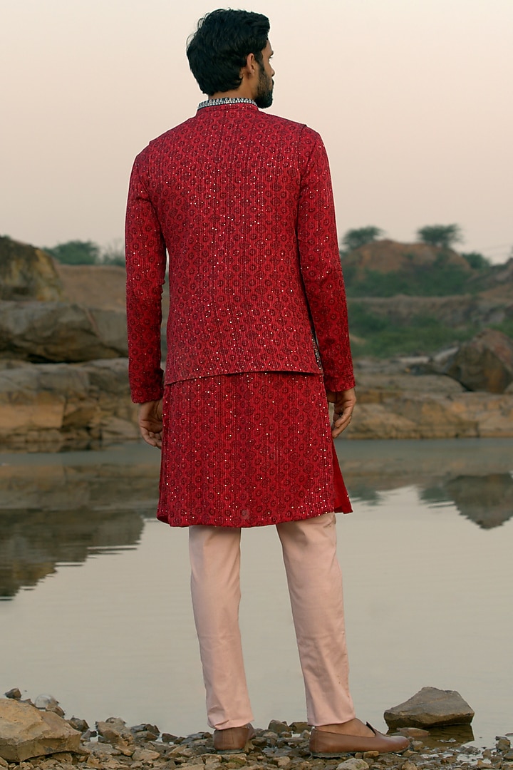 Red Embroidered Kurta Set With Jacket by Soniya G Men at Pernia's Pop Up Shop