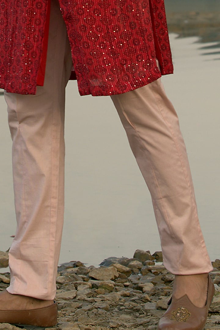 Red Embroidered Kurta Set With Jacket by Soniya G Men at Pernia's Pop Up Shop