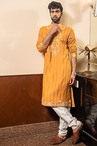 Mustard Pure Cotton Embroidered Kurta Set by Soniya G Men