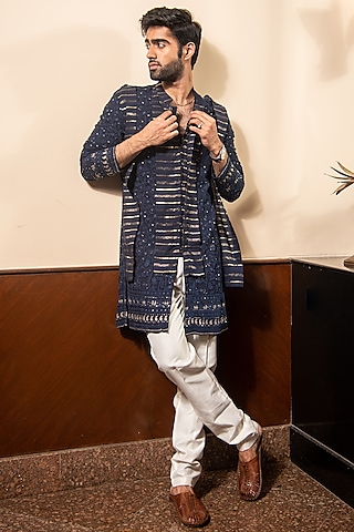 Navy Blue Georgette Lucknowi Kurta Set by Soniya G Men