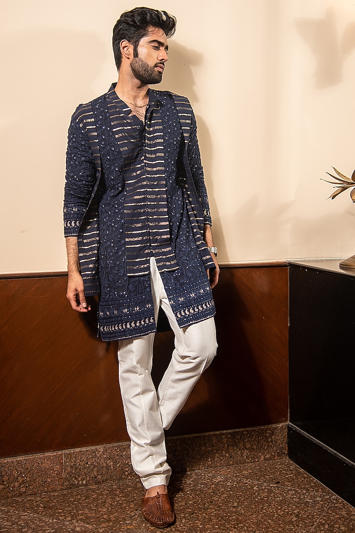 Navy Blue Georgette Lucknowi Kurta Set by Soniya G Men at Pernia's Pop Up Shop