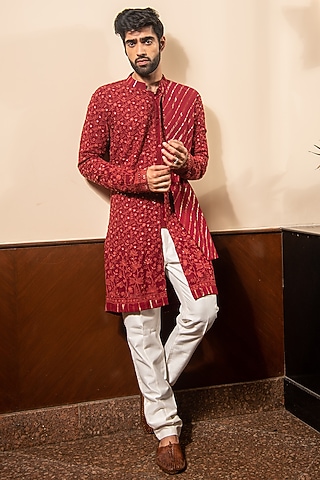 Tomato Red Georgette Lucknowi Kurta Set by Soniya G Men
