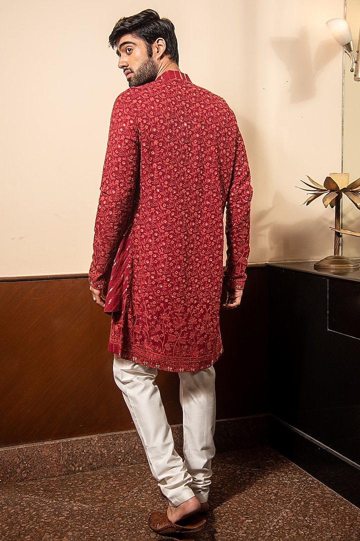 Tomato Red Georgette Lucknowi Kurta Set by Soniya G Men at Pernia's Pop Up Shop