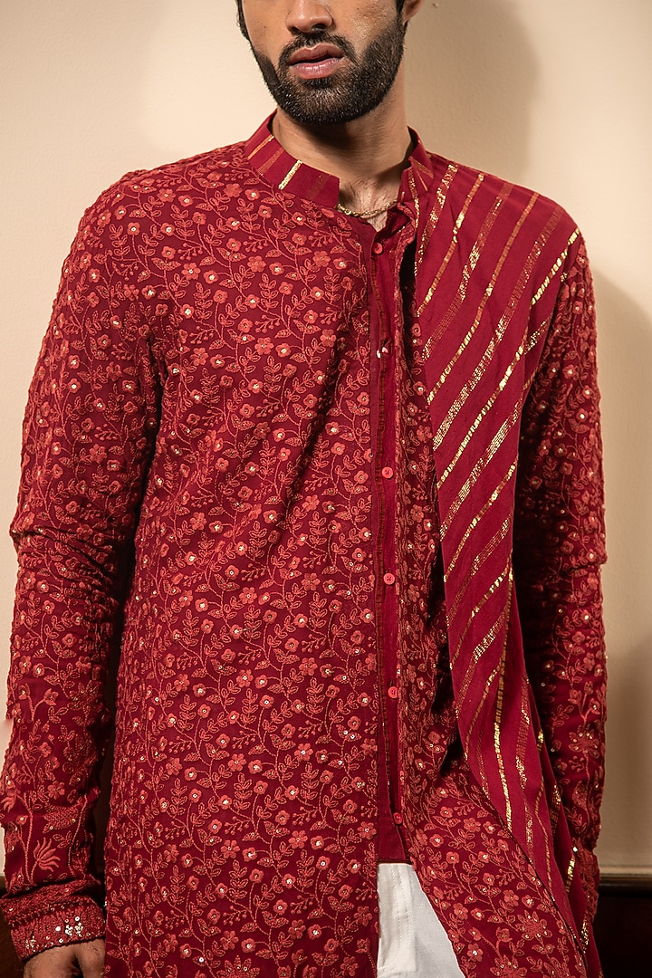 Tomato Red Georgette Lucknowi Kurta Set by Soniya G Men at Pernia's Pop Up Shop