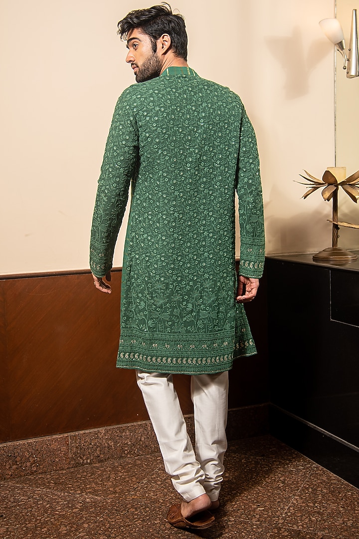 Bottle Green Georgette Lurex Striped Lucknowi Kurta Set by Soniya G Men at Pernia's Pop Up Shop