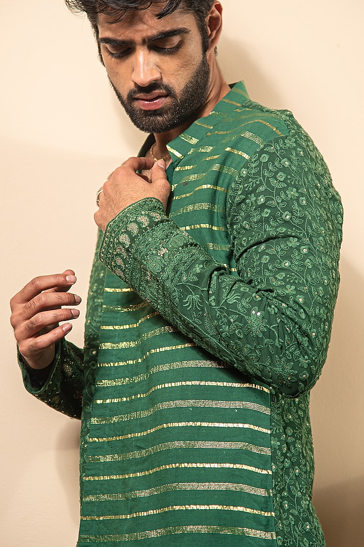 Bottle Green Georgette Lurex Striped Lucknowi Kurta Set by Soniya G Men at Pernia's Pop Up Shop
