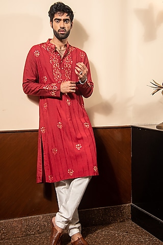 Brick Red Pure Cotton Embroidered Kurta Set by Soniya G Men