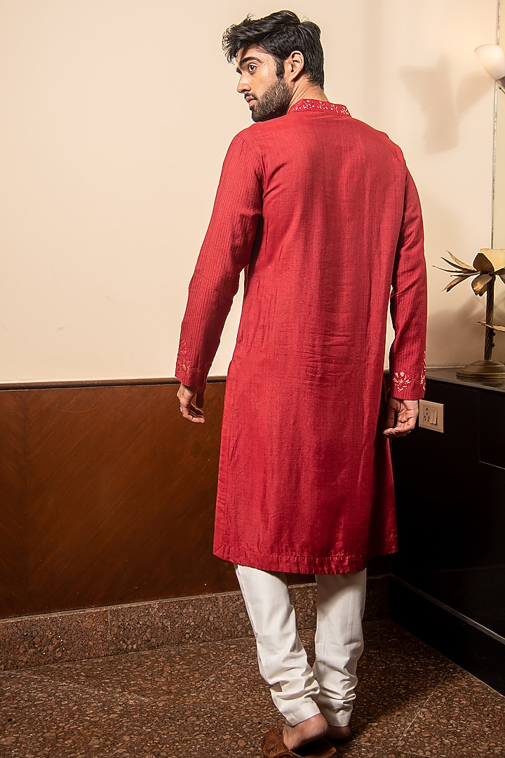 Brick Red Pure Cotton Embroidered Kurta Set by Soniya G Men at Pernia's Pop Up Shop