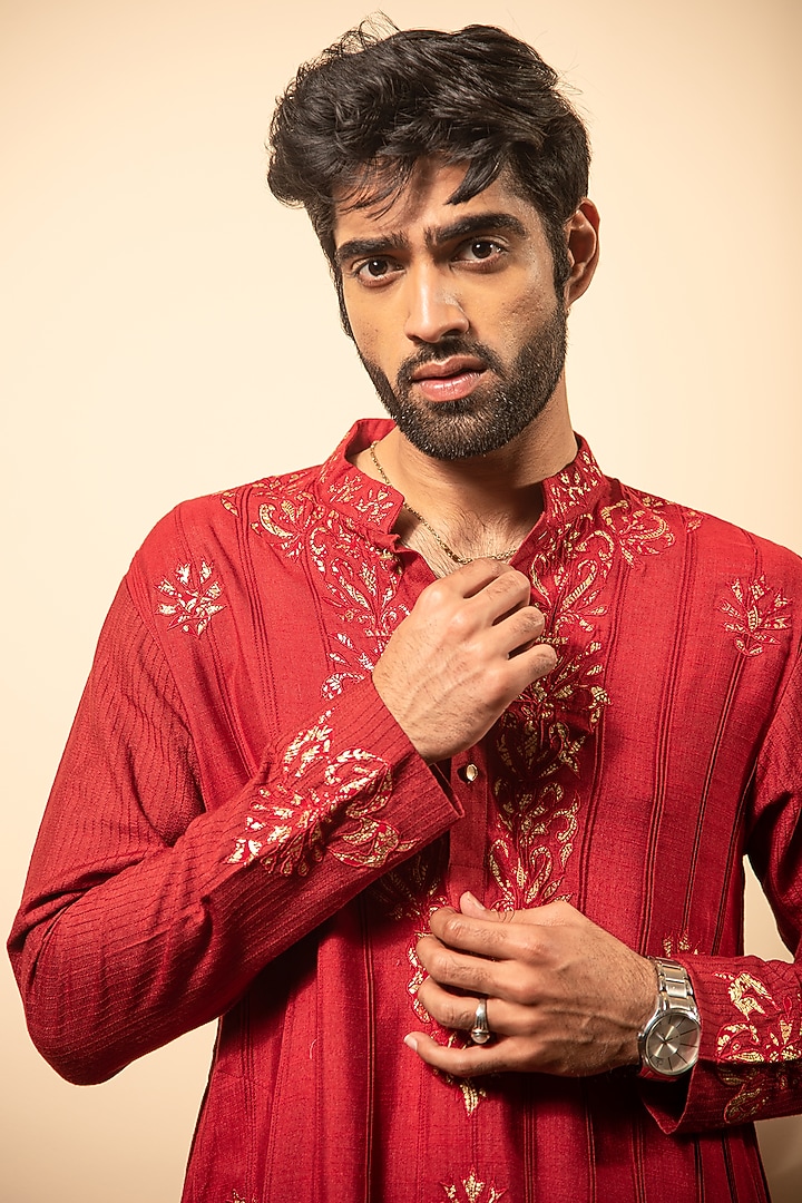 Brick Red Pure Cotton Embroidered Kurta Set by Soniya G Men at Pernia's Pop Up Shop