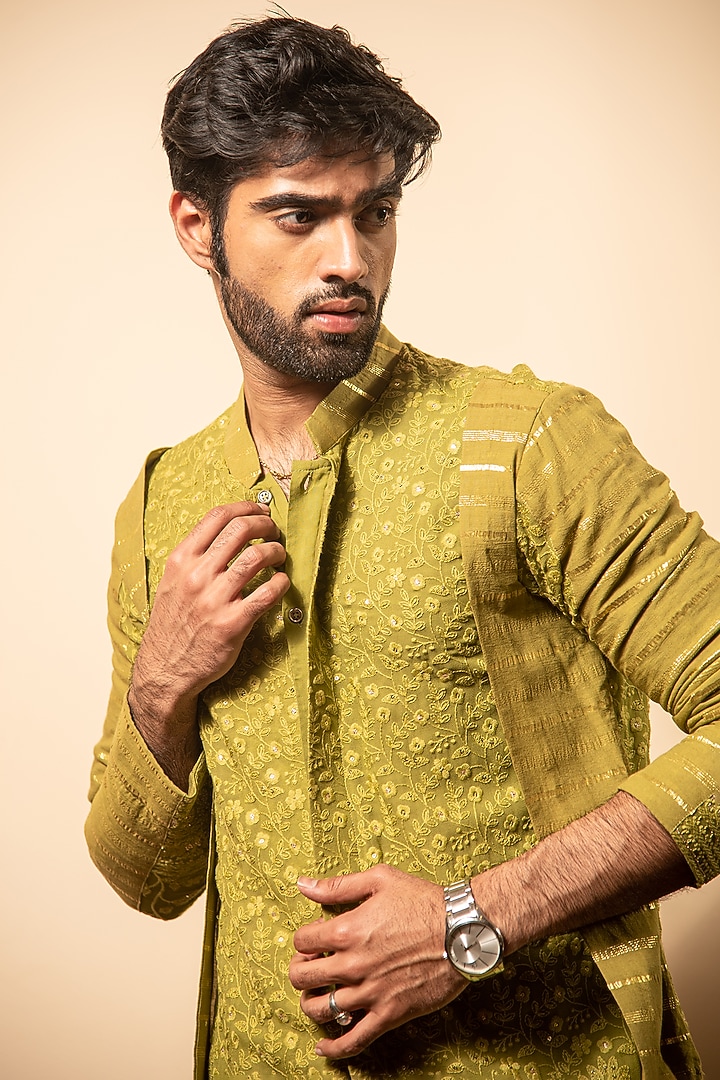 Parrot Green Georgette Lurex Striped Lucknowi Kurta Set by Soniya G Men at Pernia's Pop Up Shop