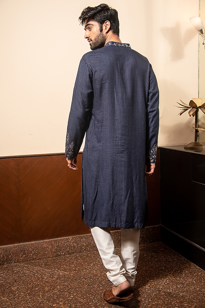 Navy Blue Pure Cotton Embroidered Kurta Set by Soniya G Men at Pernia's Pop Up Shop