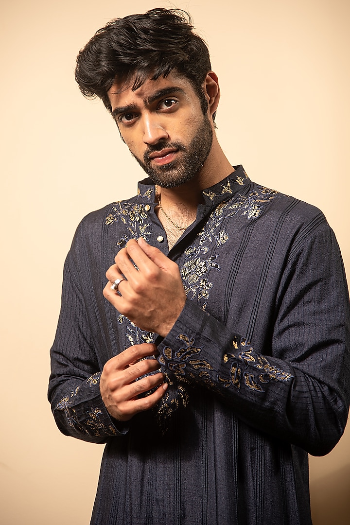 Navy Blue Pure Cotton Embroidered Kurta Set by Soniya G Men at Pernia's Pop Up Shop