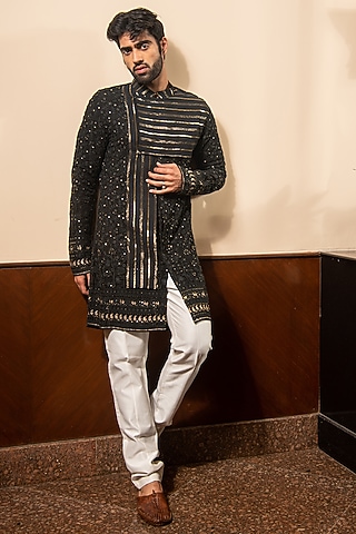 Black Georgette Lucknowi Kurta Set by Soniya G Men