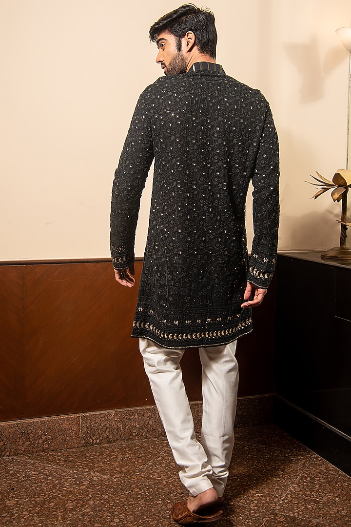 Black Georgette Lucknowi Kurta Set by Soniya G Men at Pernia's Pop Up Shop
