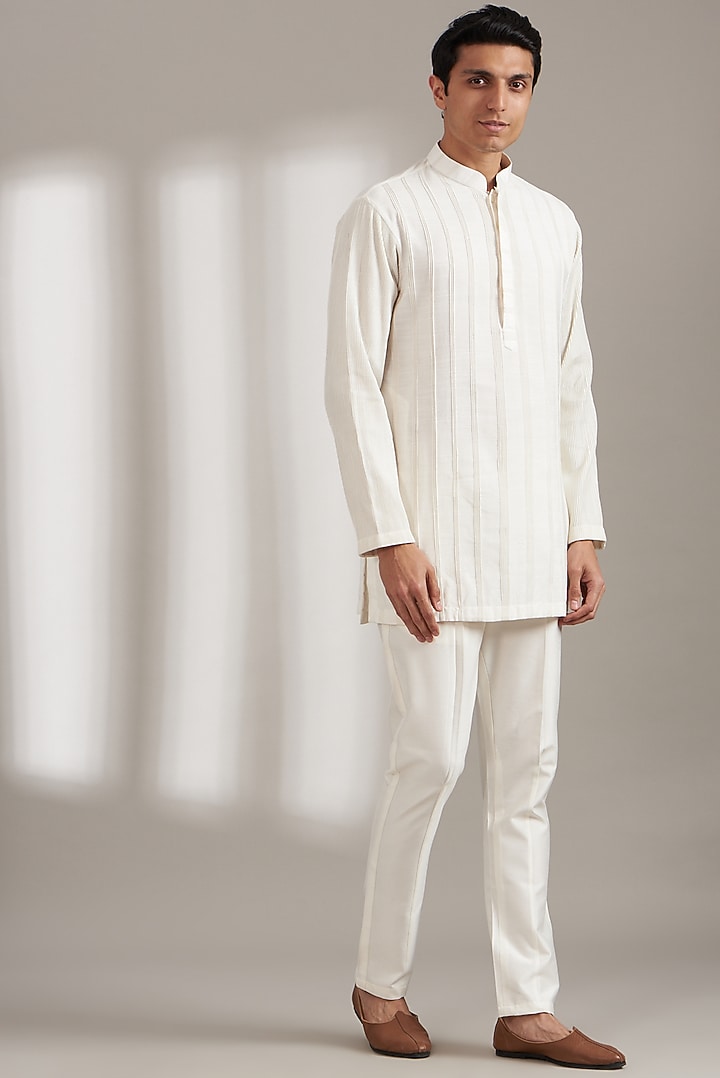 Ivory Handloom Silk Kurta Set by Soniya G Men at Pernia's Pop Up Shop