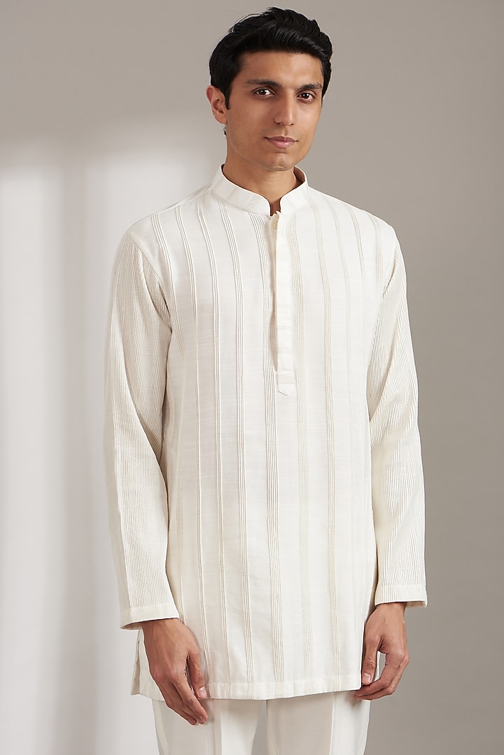 Ivory Handloom Silk Kurta Set by Soniya G Men at Pernia's Pop Up Shop