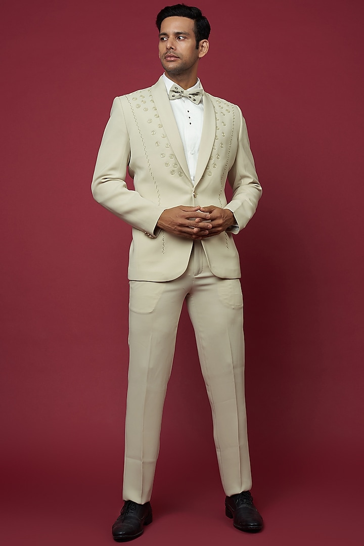 Cream Italian Crepe Embellished Tuxedo Set by Soniya G Men
