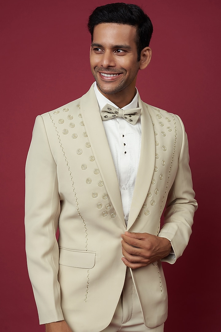 Cream Italian Crepe Embellished Tuxedo Set by Soniya G Men at Pernia's Pop Up Shop