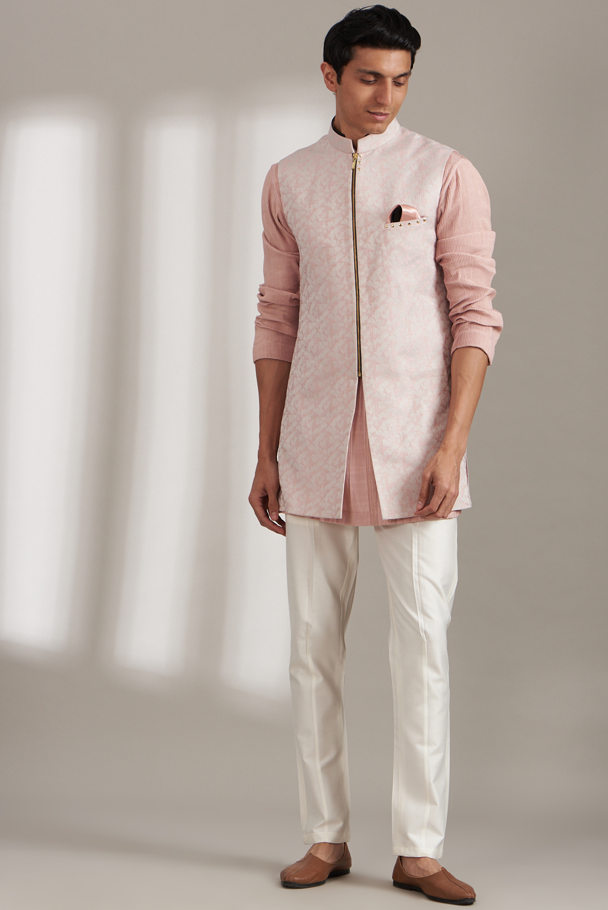 Blush Pink Handloom Silk Jacket Kurta Set by Soniya G Men