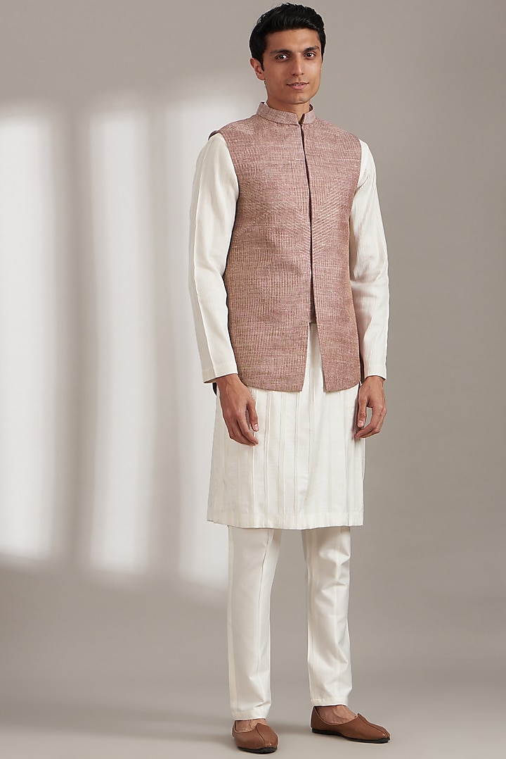 Taupe Pink Handloom Silk Bundi Jacket Set by Soniya G Men