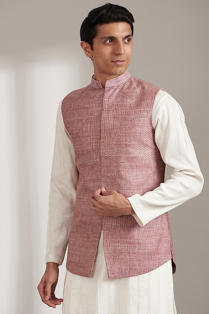Taupe Pink Handloom Silk Bundi Jacket Set by Soniya G Men at Pernia's Pop Up Shop
