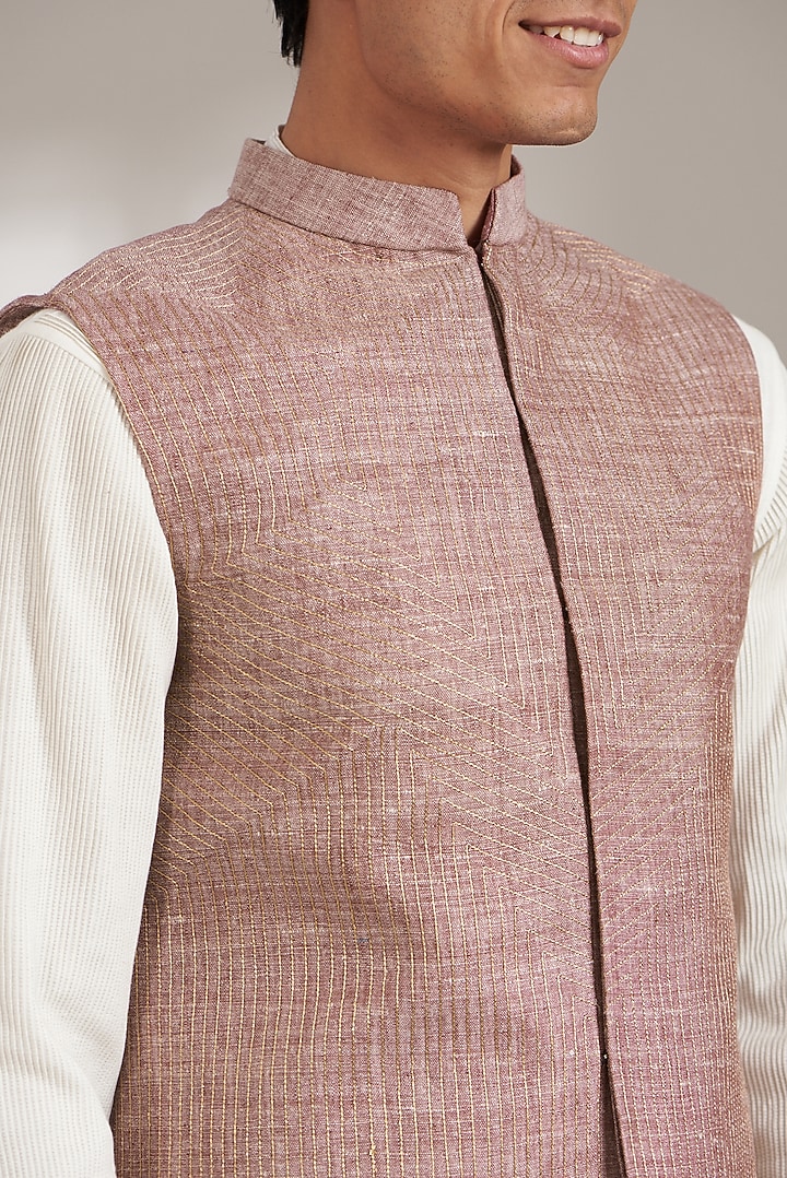 Taupe Pink Handloom Silk Bundi Jacket Set by Soniya G Men at Pernia's Pop Up Shop