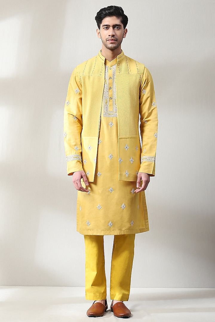 Yellow Silk Hand Embroidered Indowestern Set by Soniya G Men