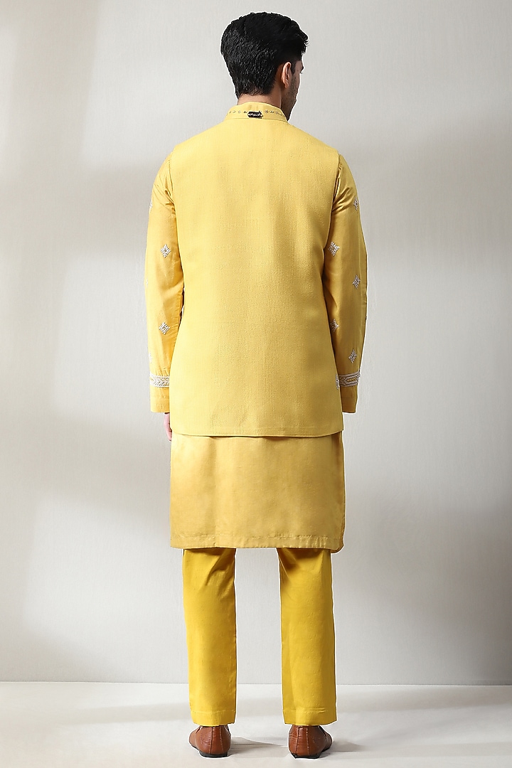 Yellow Silk Hand Embroidered Wedding Indowestern Set by Soniya G Men at Pernia's Pop Up Shop