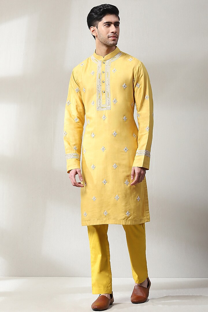 Yellow Silk Hand Embroidered Wedding Indowestern Set by Soniya G Men at Pernia's Pop Up Shop