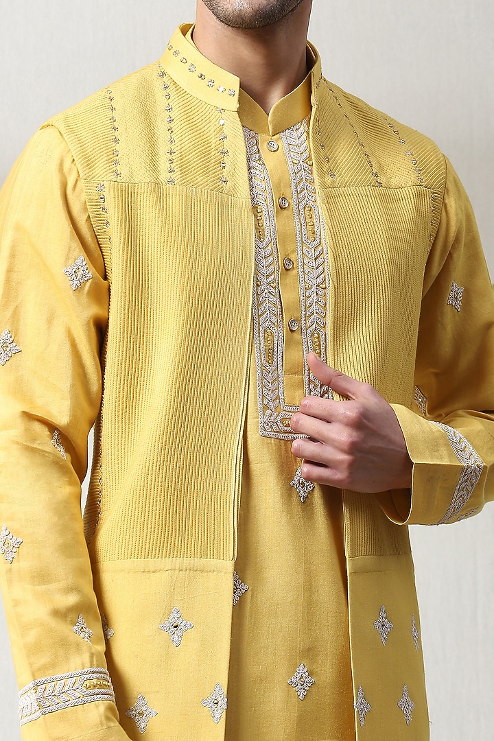 Yellow Silk Hand Embroidered Wedding Indowestern Set by Soniya G Men at Pernia's Pop Up Shop