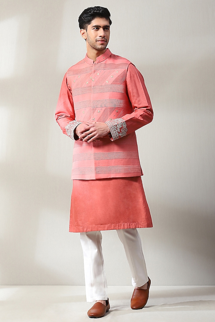 Peachish-Orange Silk Hand Embroidered Nehru Jacket Set by Soniya G Men