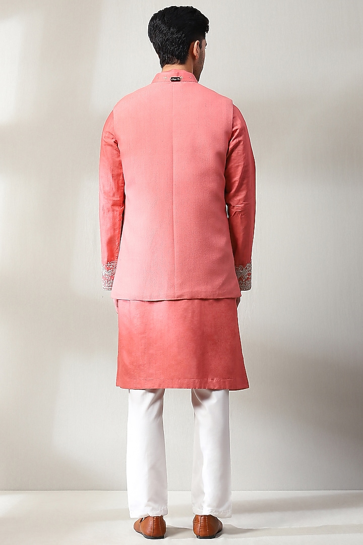 Peachish-Orange Silk Hand Embroidered Nehru Jacket Set by Soniya G Men at Pernia's Pop Up Shop