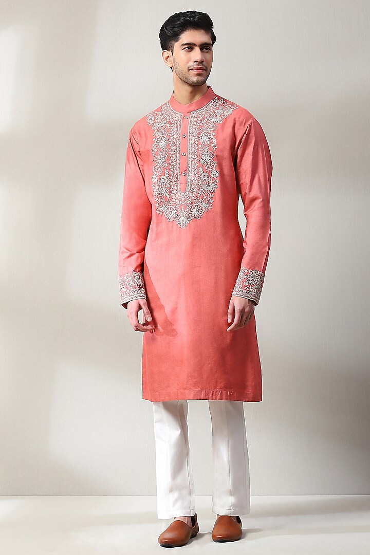 Peachish-Orange Silk Hand Embroidered Nehru Jacket Set by Soniya G Men at Pernia's Pop Up Shop