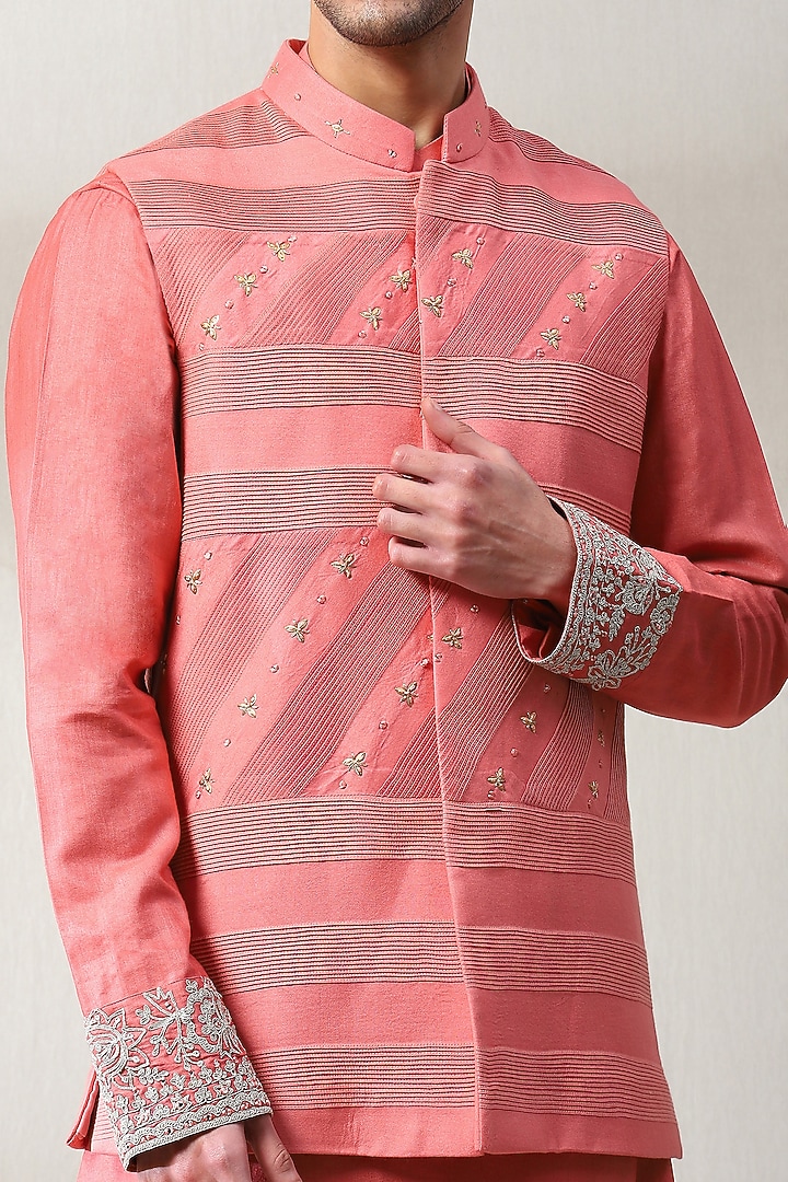 Peachish-Orange Silk Hand Embroidered Nehru Jacket Set by Soniya G Men at Pernia's Pop Up Shop