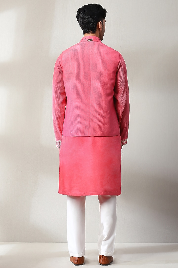 Dark Pink Silk Hand Embroidered Wedding Indowestern Set by Soniya G Men at Pernia's Pop Up Shop