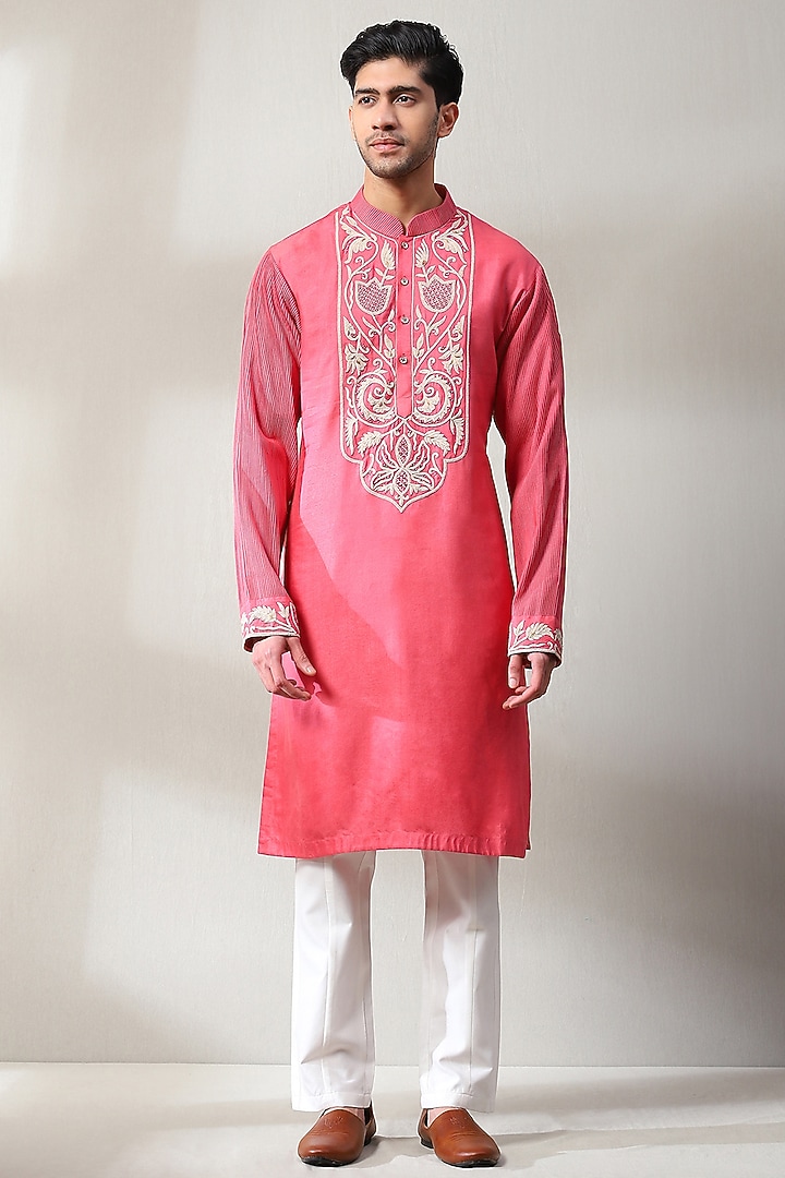 Dark Pink Silk Hand Embroidered Wedding Indowestern Set by Soniya G Men at Pernia's Pop Up Shop