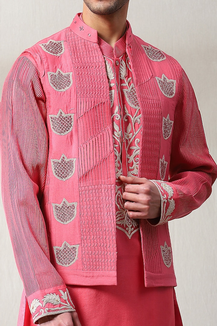 Dark Pink Silk Hand Embroidered Wedding Indowestern Set by Soniya G Men at Pernia's Pop Up Shop